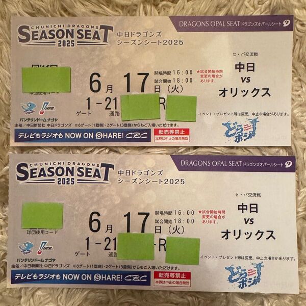 中日ドラゴンズvsオリックス・バファローズ 6/17 開始18時(開場16時)1塁側 内野ドラゴンズ応援席