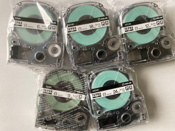 【新品計5本】テプラテープ白6,9,12,18,24mm各1本