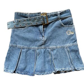 デニム プリーツスカート ベルト付き ブルー系