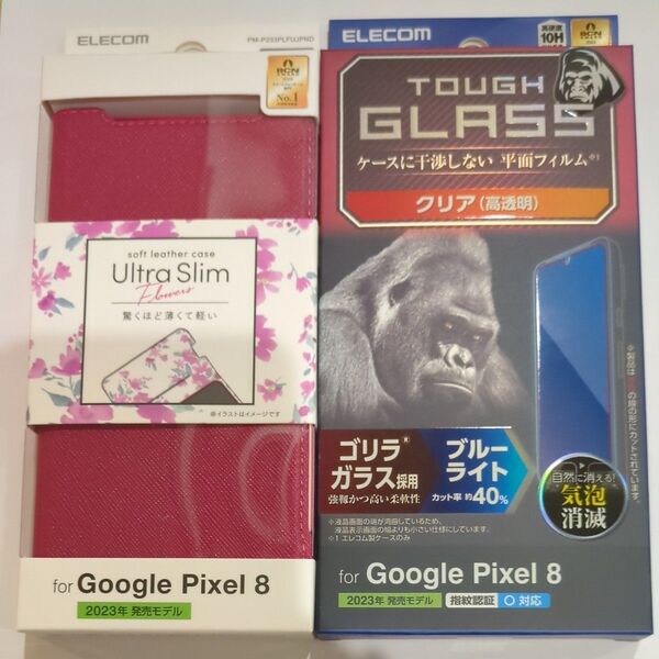 エレコム Google Pixel 8 ケース レザー カバー 手帳型 花柄 ディープピンク+ガラスフィルム