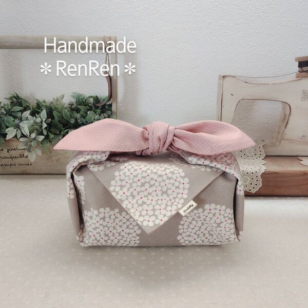 ハンドメイド*リボンのお弁当袋 ランチョンマット*紫陽花・グレージュ×ピンク水玉