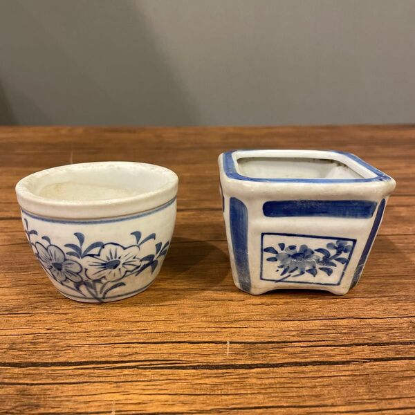 染付 盆栽鉢 植木鉢 二個セット 花柄 山野草 小品盆栽