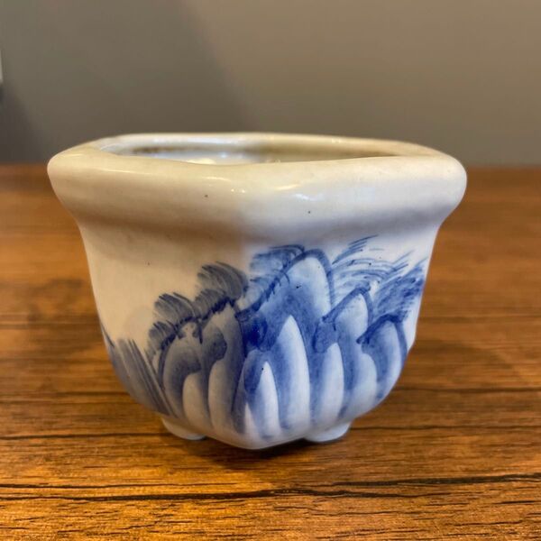 染付 盆栽鉢 植木鉢 山水図 染付鉢 六角鉢 山野草