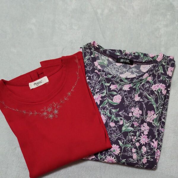婦人 Tシャツ 2枚セット 花柄 赤 刺繍 七分袖 半袖