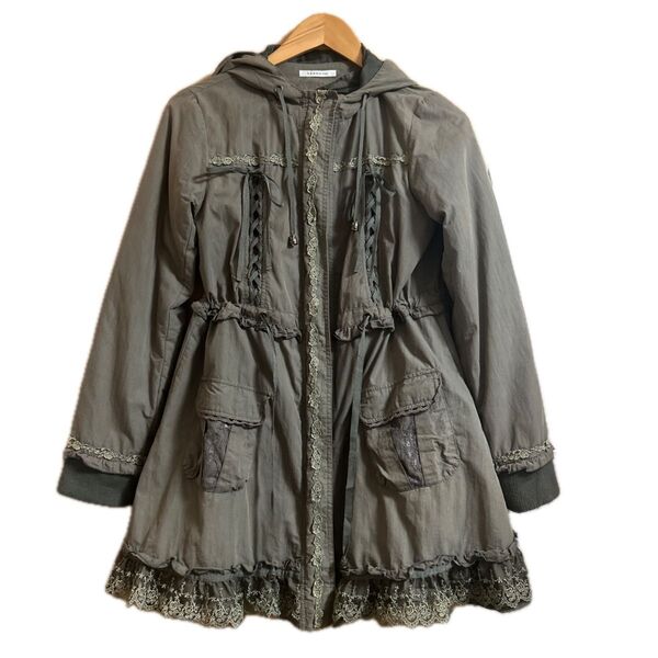 axes femme モッズコート風 レース付き 薄手ブルゾン カーキ