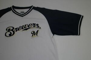 【古着GAME TOPS MLBミルウォーキーブリュワーズユニフォームTシャツ白紺色L】メジャーリーグMilwaukee Brewers