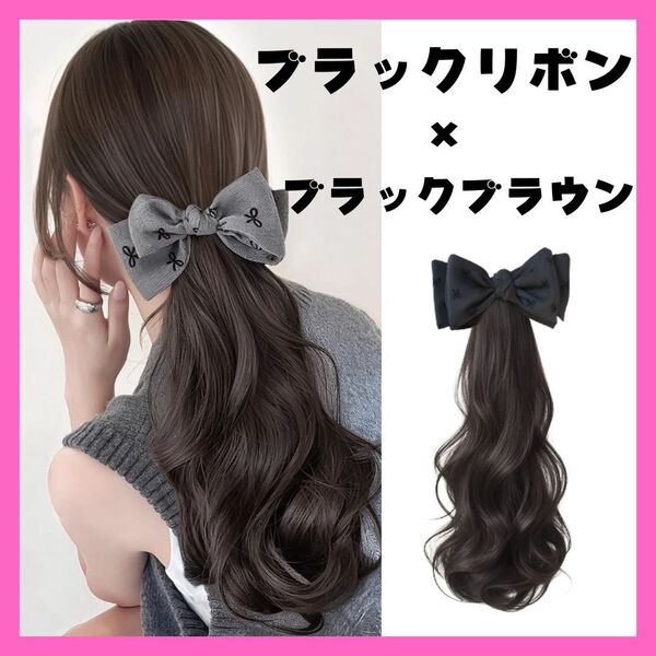 ハーフウィッグ ブラックブラウン ブラック 黒 リボン ロング ポニーテール ヘアアクセサリー ウィッグ 部分ウィッグ 簡単装着
