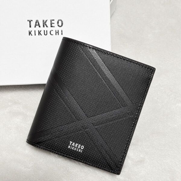 新品 未使用品 箱付き TAKEO KIKUCHI タケオキクチ 二つ折り財布 黒×赤 エンボス加工 牛革 チェック レザー 財布