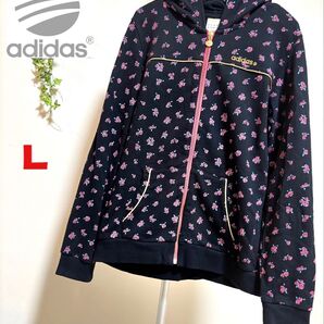 【adidas neo】【Lサイズ】アディダスネオ レディース 上着 パーカー ジップパーカー バラ 総柄 ブラック スウェット