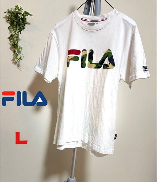 【FILA】【Lサイズ】フィラ メンズ Tシャツ 半袖 トップス カットソー ビックロゴ 迷彩 希少 ホワイト
