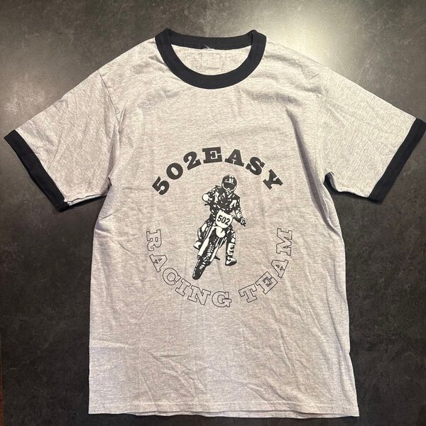 00s vimtage バイクウェアTシャツ リンガーTシャツ 半袖Tシャツ 半袖 グレー L ブラック メンズボックスシルエット