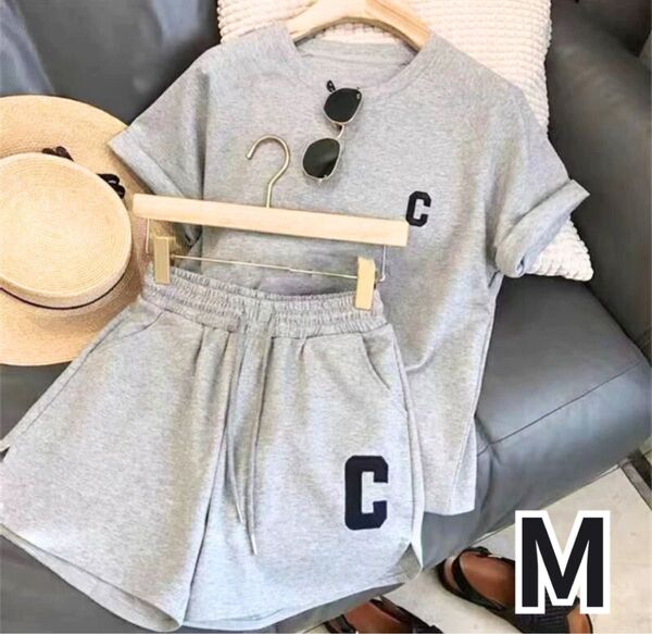 部屋着 セットアップ レディース 半袖 グレー M ルームウェア Tシャツ 夏 上下セット ハーフパンツ