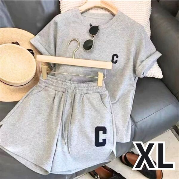 部屋着 セットアップ レディース 半袖 グレー XL ルームウェア Tシャツ 夏 上下セット