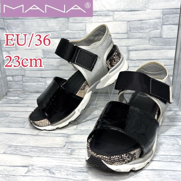 ★美品★マナ サンダル ストラップ 本革 パイソン ブラック EU36/23cm
