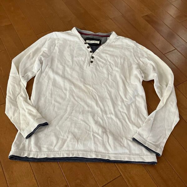 重ね着風 長袖 Vネック Tシャツ メンズ M ホワイト 難