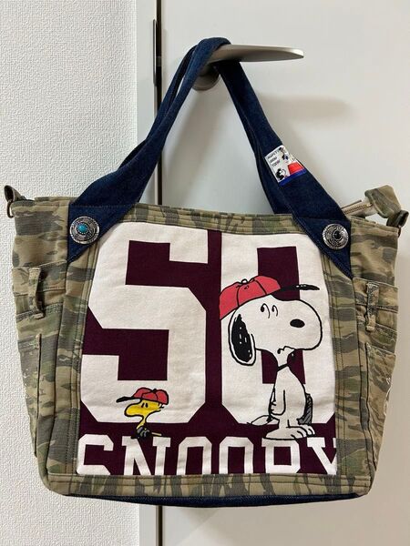 ☆美品☆スヌーピー迷彩柄ハンドメイドトートバックデニムリメイクpeanuts