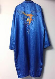 ビンテージ チャイナガウン 龍刺繍 スカジャン コート 青 マルチ ドラゴン 80s 90s ユーロ