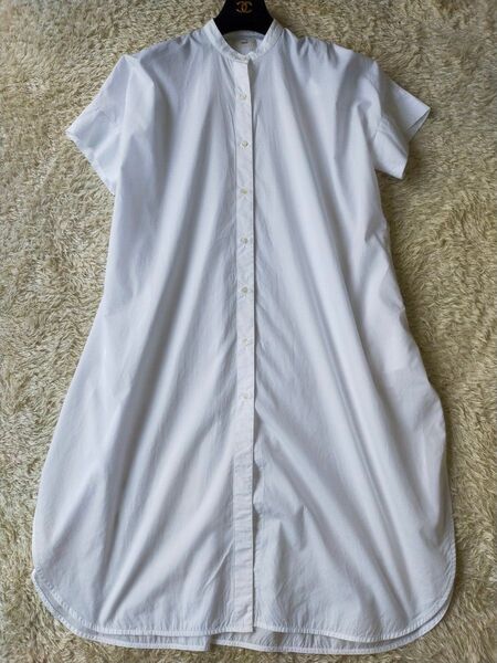 【美品】IENA イエナ バンドカラー コットンシャツワンピース ロング丈 白 綿100%