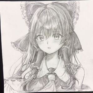 鉛筆画 モノクロ 手書きイラスト 東方Project 博麗霊夢 イラスト