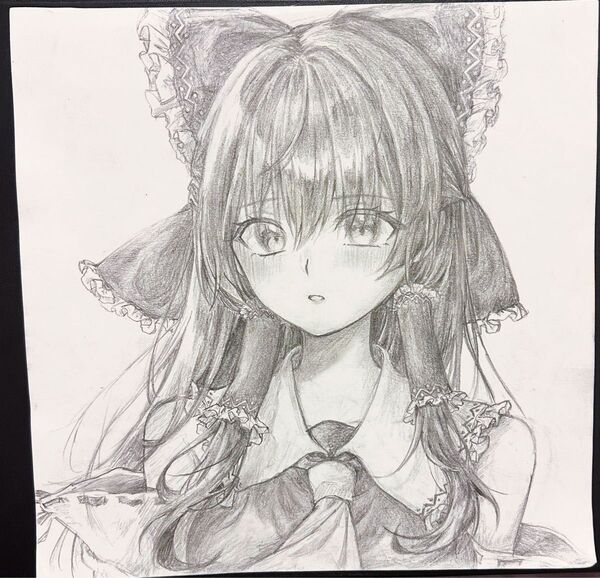 手描きイラスト 鉛筆画 モノクロ 東方project 博麗霊夢