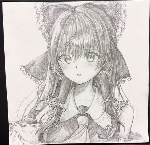 鉛筆画 モノクロ 手書きイラスト 東方Project 博麗霊夢 イラスト