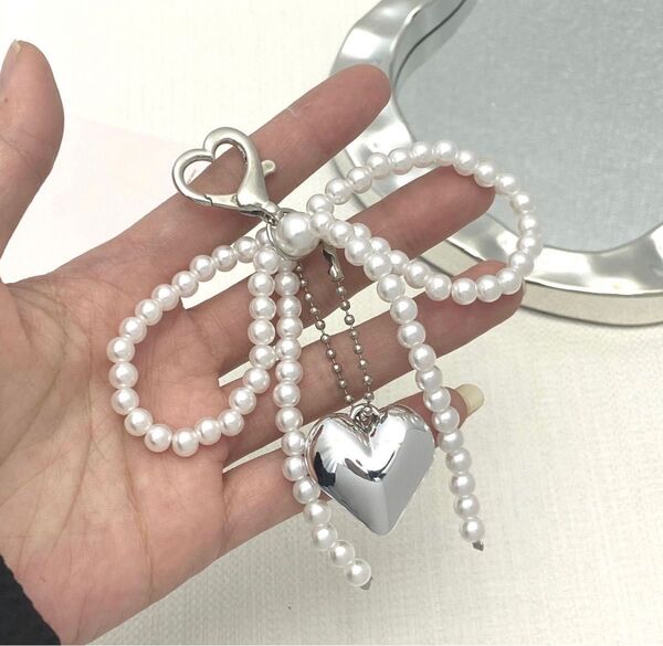 チャーム ハート リボン パール キーホルダー 韓国 バッグ