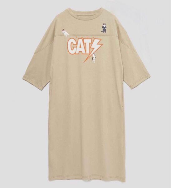 【新品タグ付き】グラニフ ザ フォーキャッツ カットソー ワンピース ベージュ Mサイズ graniph Tシャツ 刺繍 猫