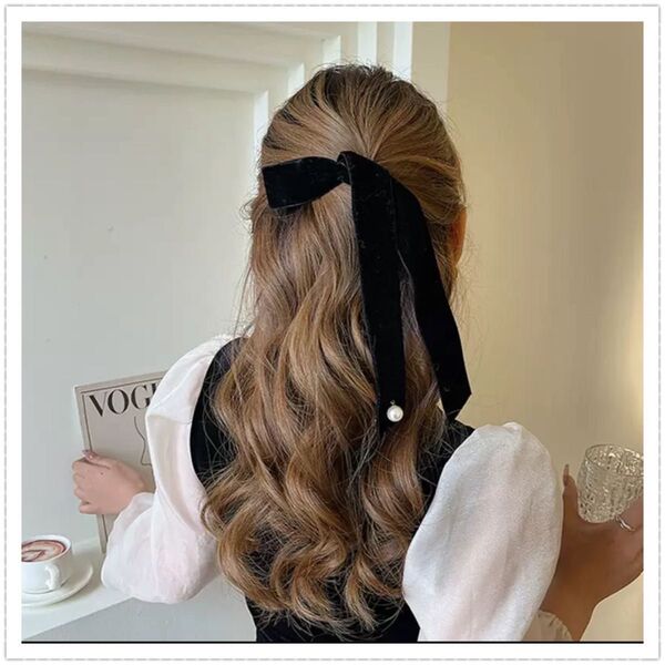 ベロアリボン 上品 黒 ヘアアレンジ ヘアアクセサリー バレッタ クリップ
