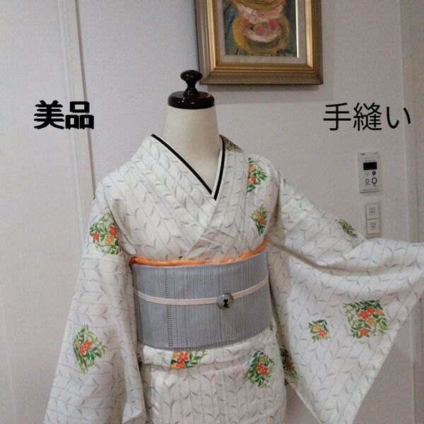 6月まで出品 美品 洗える着物 お誂え 手縫い 夏着物 単衣 絽 小紋 ホワイトに近いクリーム色