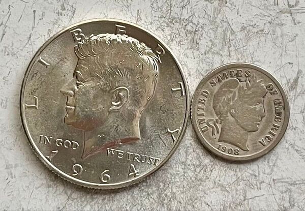 H168 1964年 ハーフダラー銀貨・1908年 バーバーダイム銀貨