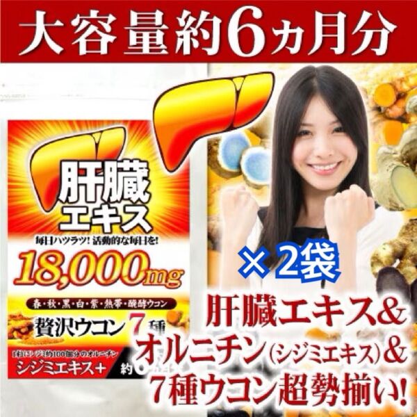 お酒が大好き&飲む機会が多い方に! 肝臓エキス&シジミオルニチン&7種ウコン超勢揃い大容量180粒 約6か月分×2袋