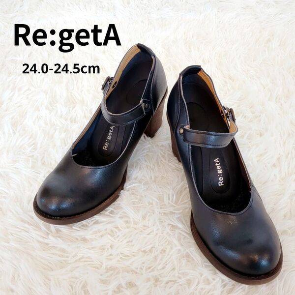 美品 Re:getAリゲッタ ヒール セレモニーパンプス 黒 L ストラップ 24.0-24.5 ブラック 靴