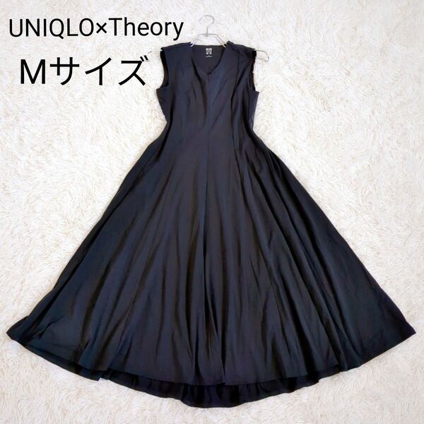 美品 UNIQLO x Theory ユニクロ×セオリー ウルトラストレッチフレアロングワンピース ノースリーブ ブラック 黒