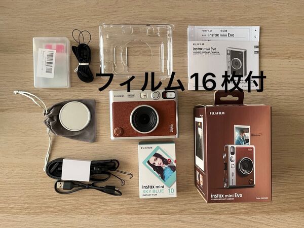 【フィルム16枚付】 Instax mini evo ブラウンtypeCレンズキャップ ケース保護フィルム 保証書FUJIFILM