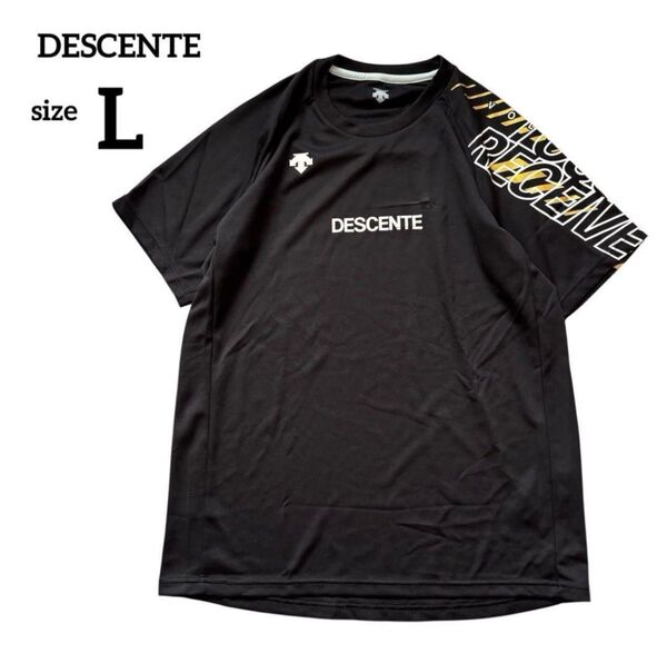 デサント Tシャツ バレーボール ビッグロゴ ゴールド 半袖 L ブラック