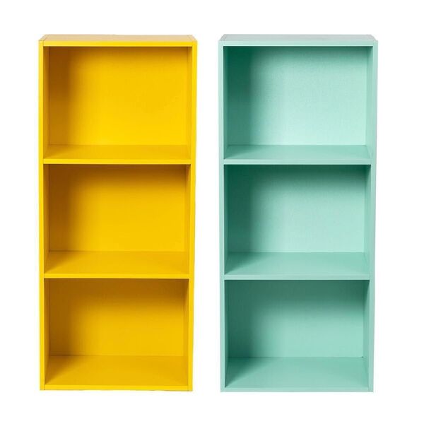 【新品】カラーボックス3段 2個セット(イエロー&ミントグリーン)本棚 子供部屋 横置き 収納 家具 オープンラック 木製