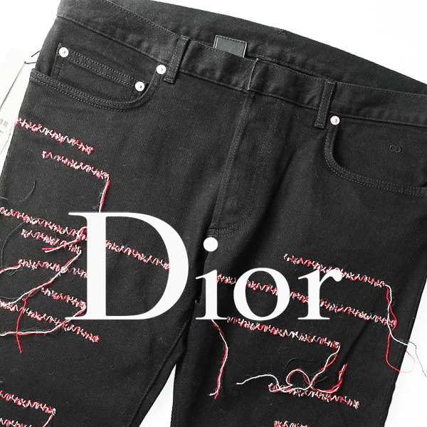 ■新品定145800円【DIOR HOMME】ディオールオム/16AW美しい贅沢なレアモデル、リペアステッチ加工コレクションブラックデニム34/W88cm