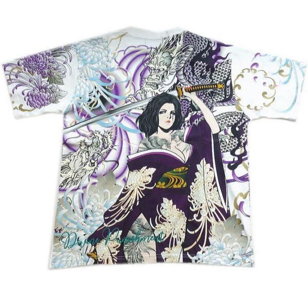 抜刀娘/バットウムスメ 一華出陣 双龍 ロゴ刺繍 インクジェットプリント 和柄アメカジ TEE 半袖Tシャツ 白:XL