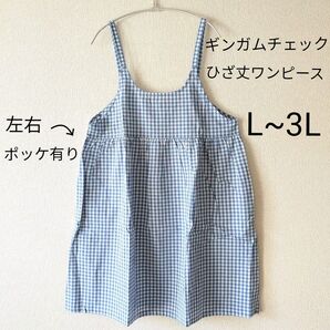 ブルーギンガムチェックひざ丈ワンピース キャミソールワンピース