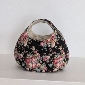 黒地 ローズ バラ 薔薇 ばら 丸底 ころりんバック ハンドメイド