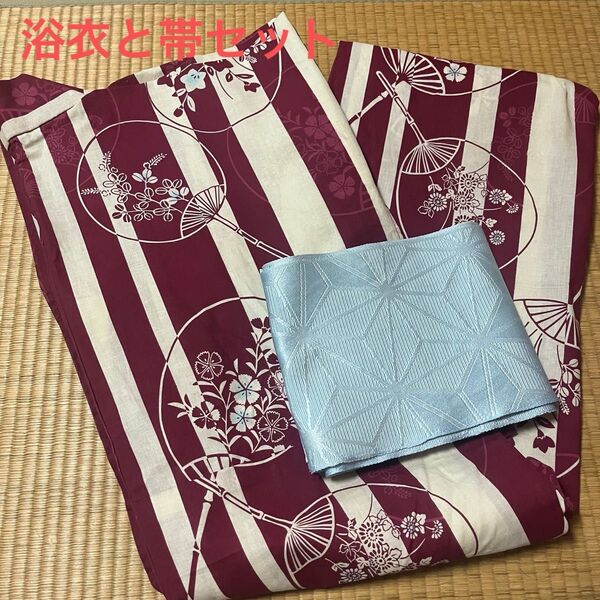 浴衣 帯 セット レッド×ホワイト レディース 花柄 ストライプ