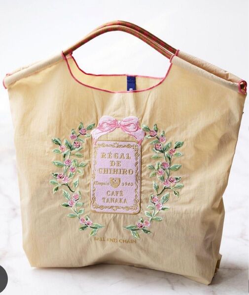 ◆新品 M エコバッグ トートバッグ ショルダーバッグ ナイロンバッグ 刺繍 花 フラワー リボン リース ベージュ