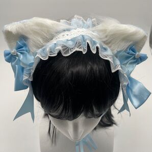 猫耳 ヘッドドレス セット スカイブルー 水色 フリル ヘアピン リボン フリル コスプレ ロリータ