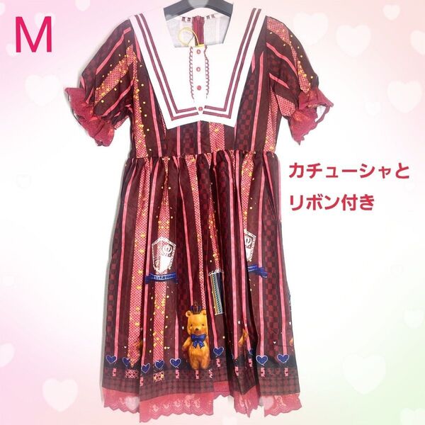 ワンピース M 半袖 くまちゃん ロリータ レッド 赤 ゆめかわ リボン 甘め フリル ハロウィン