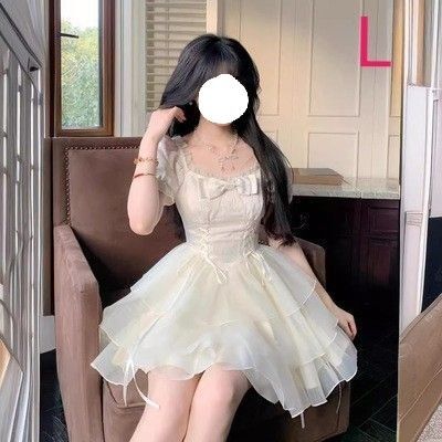 ワンピース フリル リボン ホワイト 白 L ロリータ ゆめかわ ひざ上 半袖