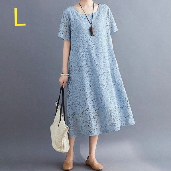 【ラスト1点】 ワンピース 半袖 L スカイブルー 水色 レース Aライン 夏 ひざ丈