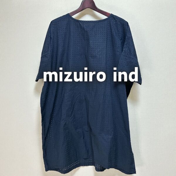 mizuiro ind ミズイロインドネイビー パンチング ワンピース 半袖ワンピースコットン ワンサイズ ひざ丈 ゆったり