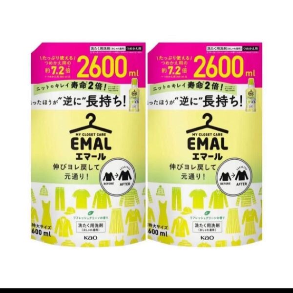 ★特別価格★コストコ限定☆エマール リフレッシュグリーン おしゃれ着用 洗濯洗剤 2600ml×2セット 花王 エマール 廃盤商品
