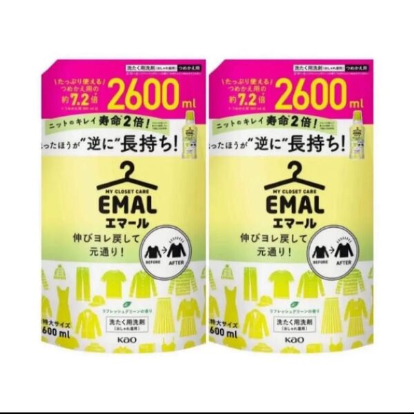 ★特別価格★コストコ限定☆エマール リフレッシュグリーン おしゃれ着用 洗濯洗剤 2600ml×2セット 花王 エマール 廃盤商品