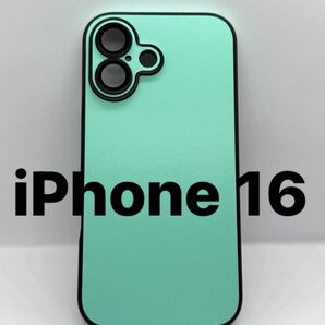 iPhone16 スマホケース シアン ブラックエッジ レザー張り カメラ保護レンズ 新品 228